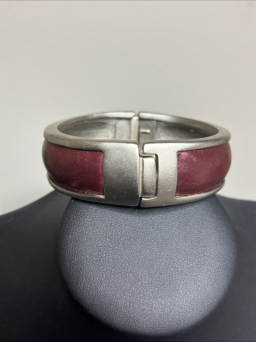Nine West Silver-Tone Bangle Clamper Bracelet with Metallic Burgundy Leather